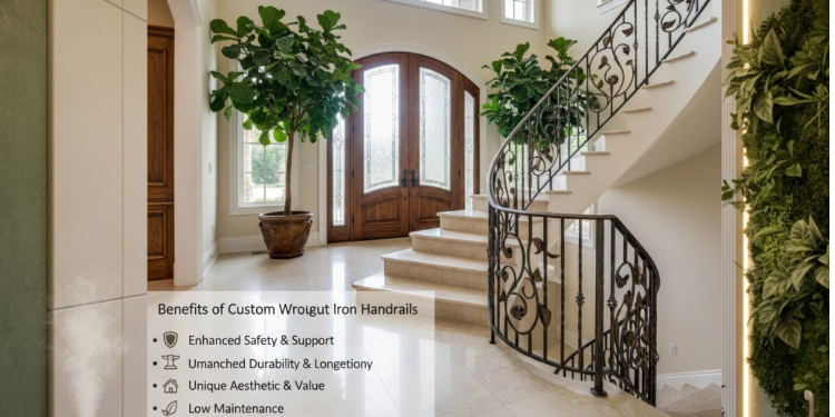 Custom wrought iron handrails for stairs and entryways