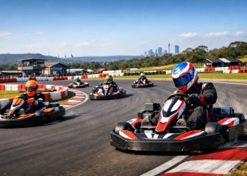 Go karting at Picton Karting Track near Sydney with racers on outdoor circuit