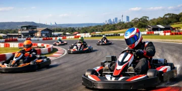 Go karting at Picton Karting Track near Sydney with racers on outdoor circuit