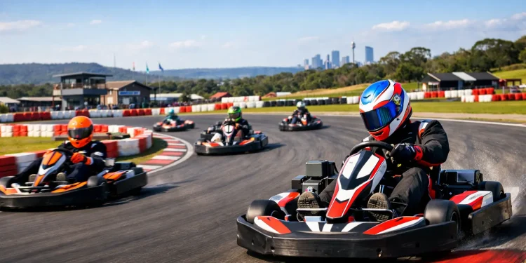 Go karting at Picton Karting Track near Sydney with racers on outdoor circuit