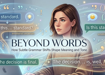 Beyond Words: How Subtle Grammar Shifts Shape Meaning and Tone” blog banner featuring floating grammar symbols, sentence structures, and a writer using a laptop with holographic text effects.