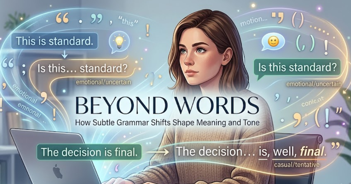Beyond Words: How Subtle Grammar Shifts Shape Meaning and Tone” blog banner featuring floating grammar symbols, sentence structures, and a writer using a laptop with holographic text effects.
